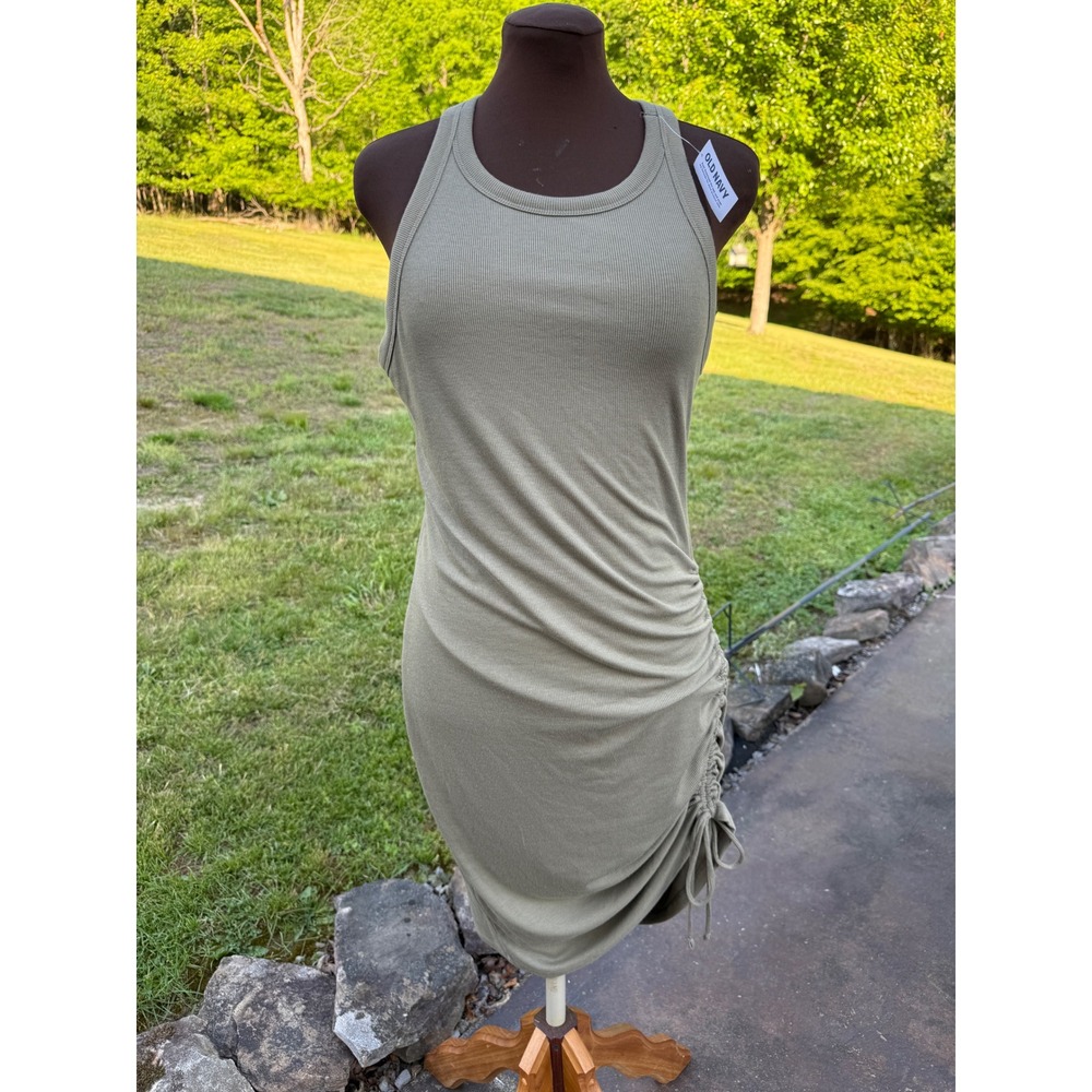Old Navy Womens Ribbed Ruched Side Cinch Tank Bodycon Dress Sage Green Large NWT